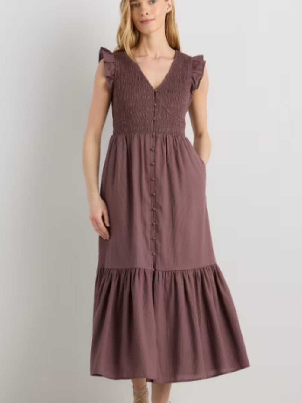Quince Organic Textured Cotton Smocked V-Neck Midi Dress Taupe Brown - XS